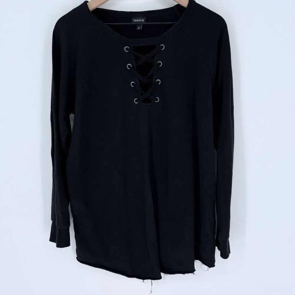 Torrid Knit Fleece Lace-Up Sweatshirt Black Size 1X Rough Hem - Picture 1 of 4